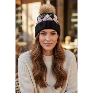 Marcus Adler New York Women's Argyle Knit Beanie w/ Faux Fur Pom Pom